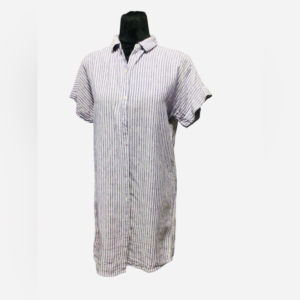 Tahari Navy and White Striped Linen Shirt